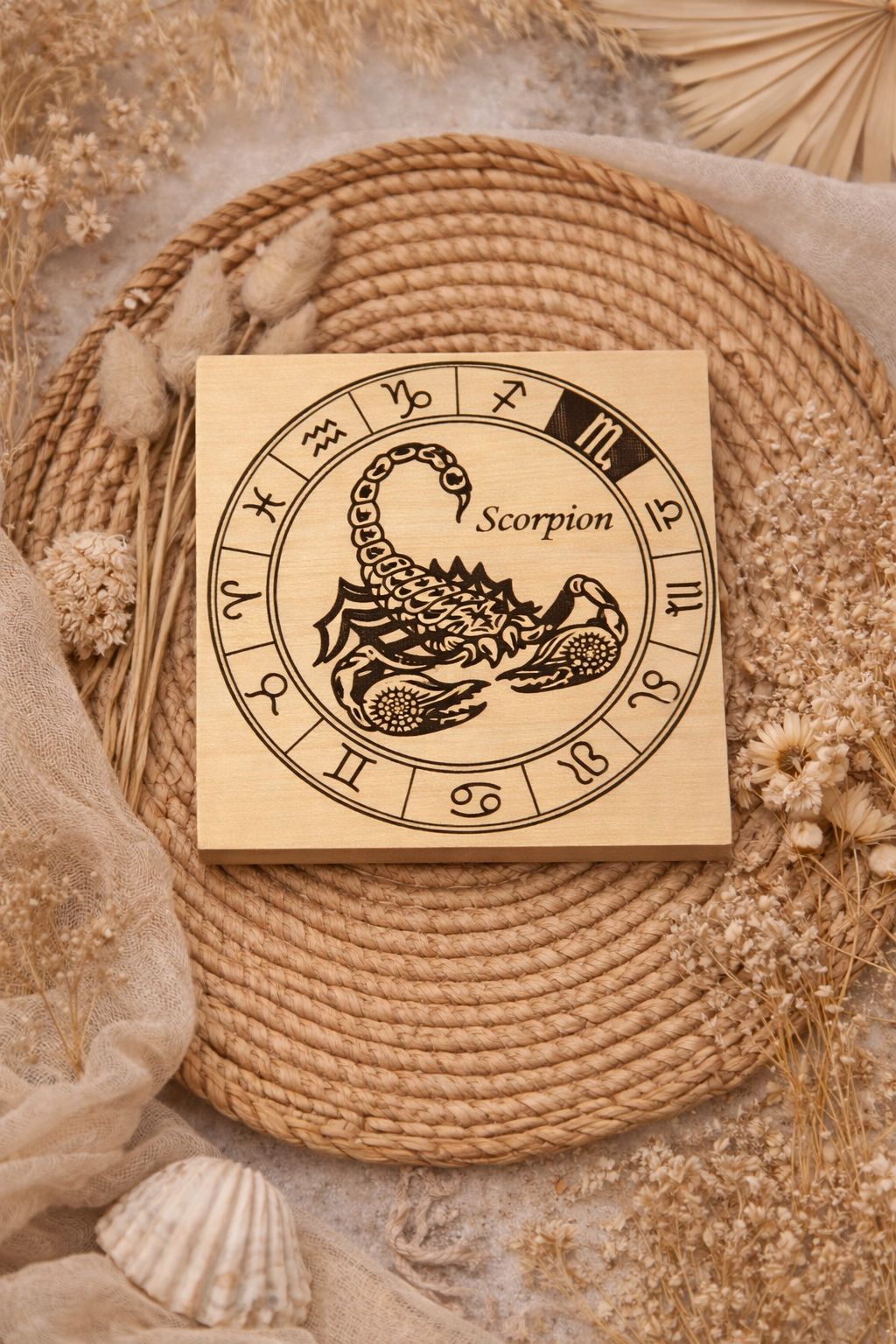Sous-verres en bois – Signes astrologiques gravés ♋♌♍