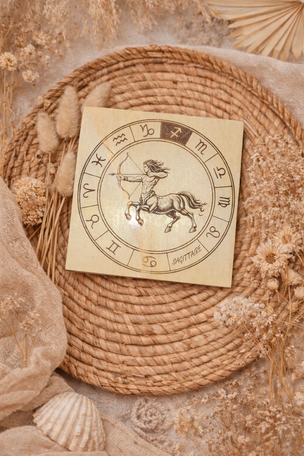 Sous-verres en bois – Signes astrologiques gravés ♋♌♍