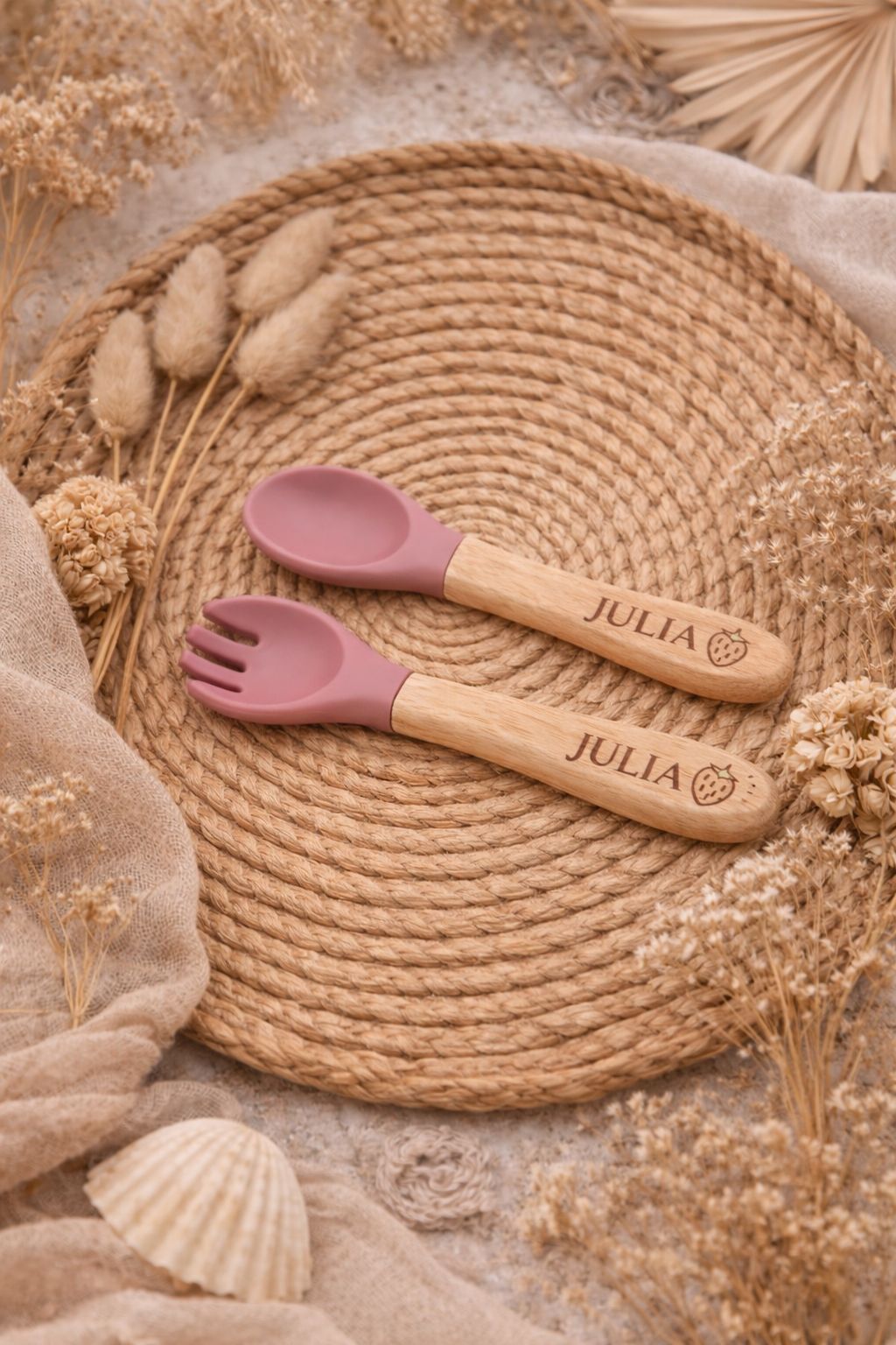 Couverts bébé personnalisables – Bois & silicone