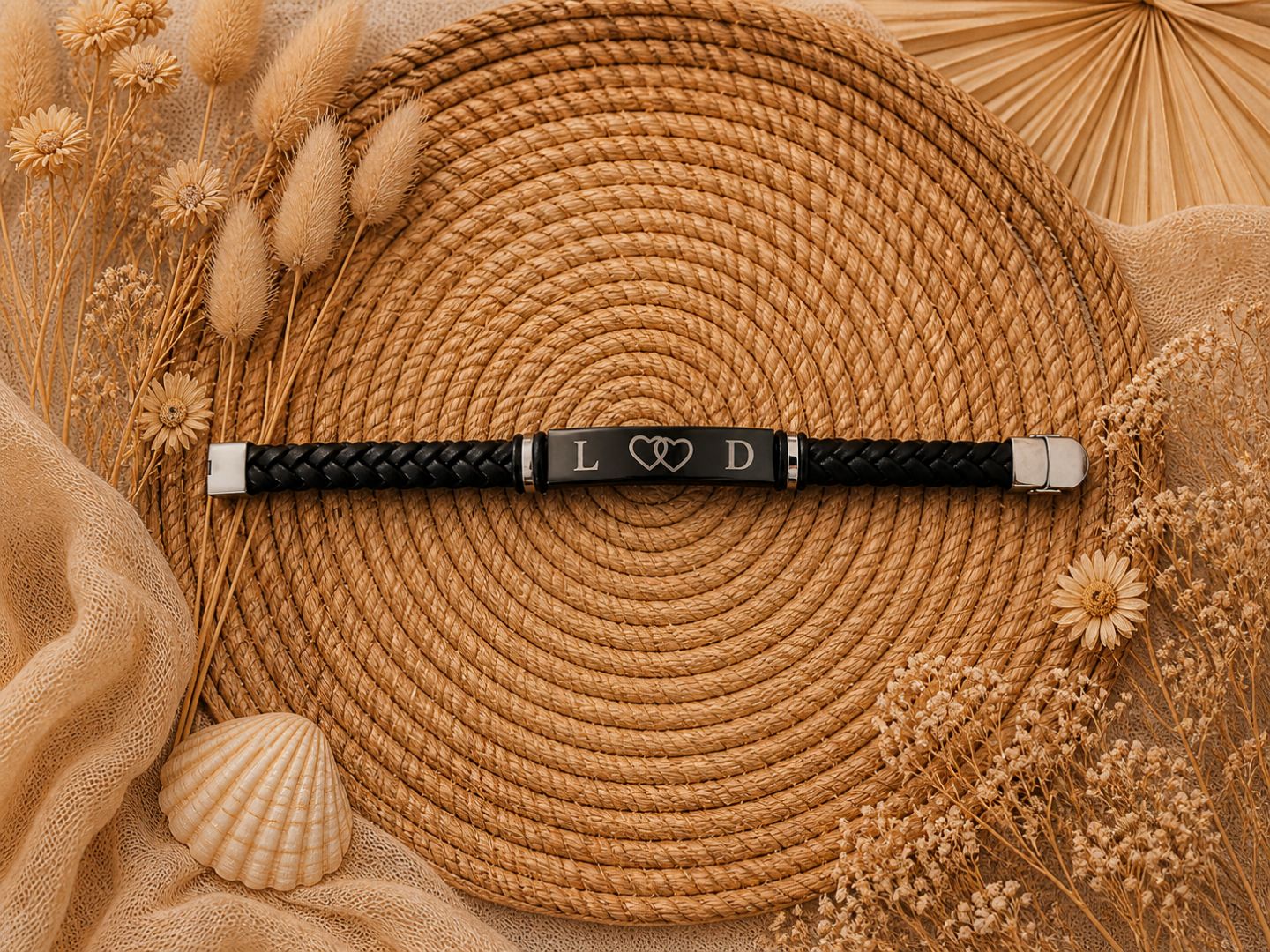 Bracelet Homme personnalisable – Acier avec Bracelet  Cuir tressé noir