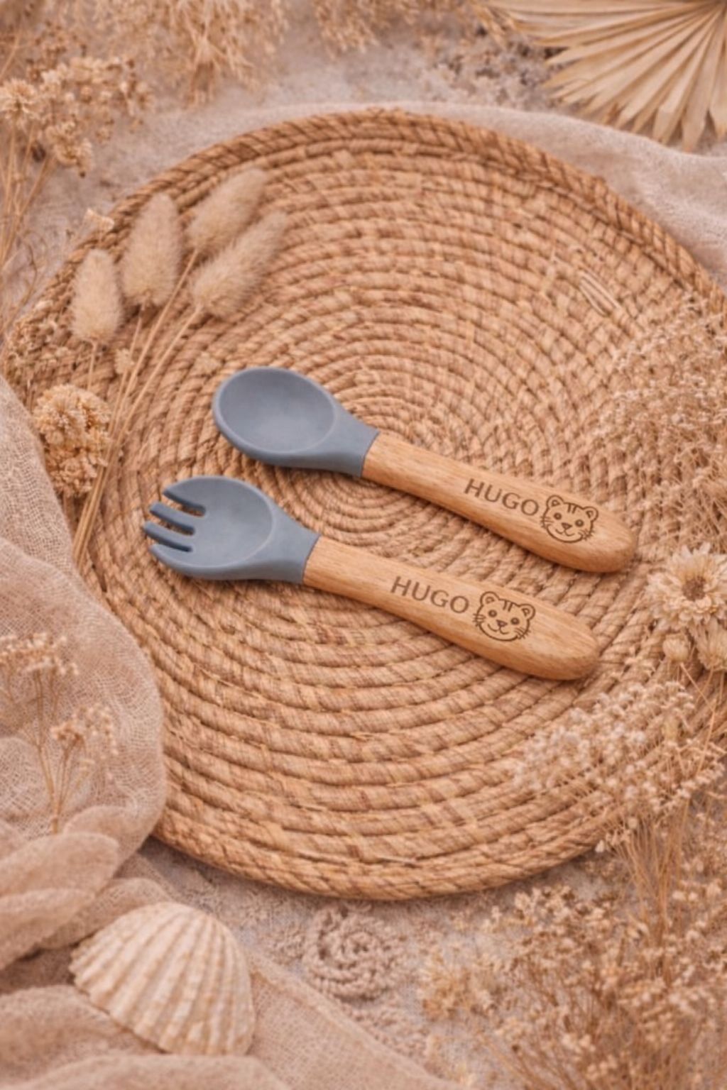 Couverts bébé personnalisables – Bois & silicone