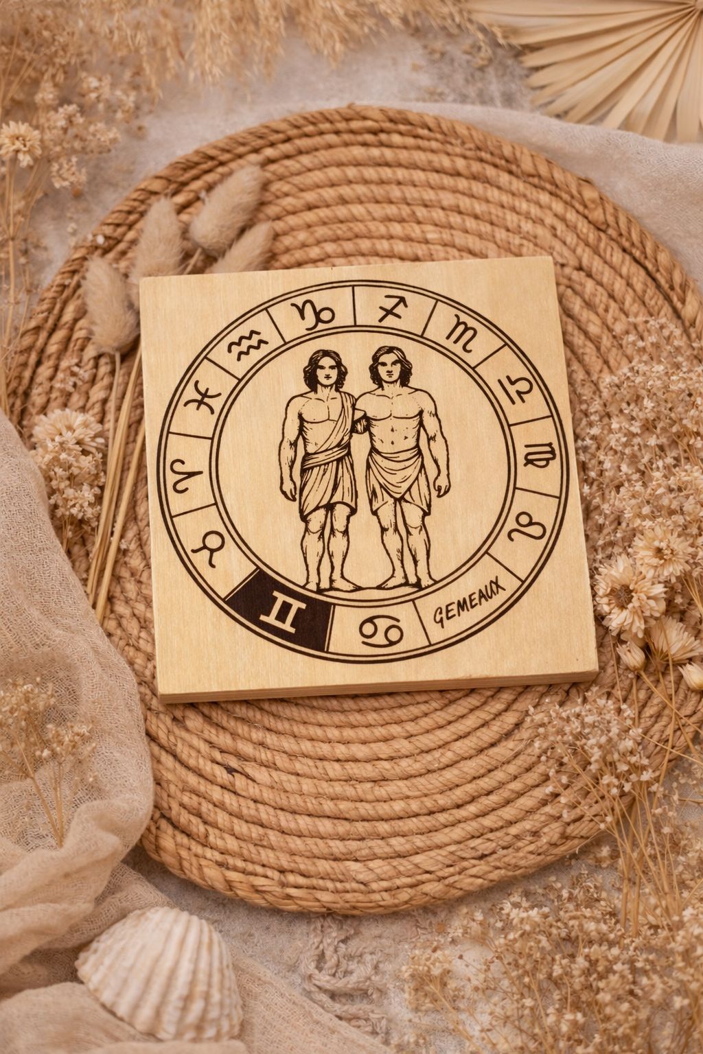 Sous-verres en bois – Signes astrologiques gravés ♋♌♍