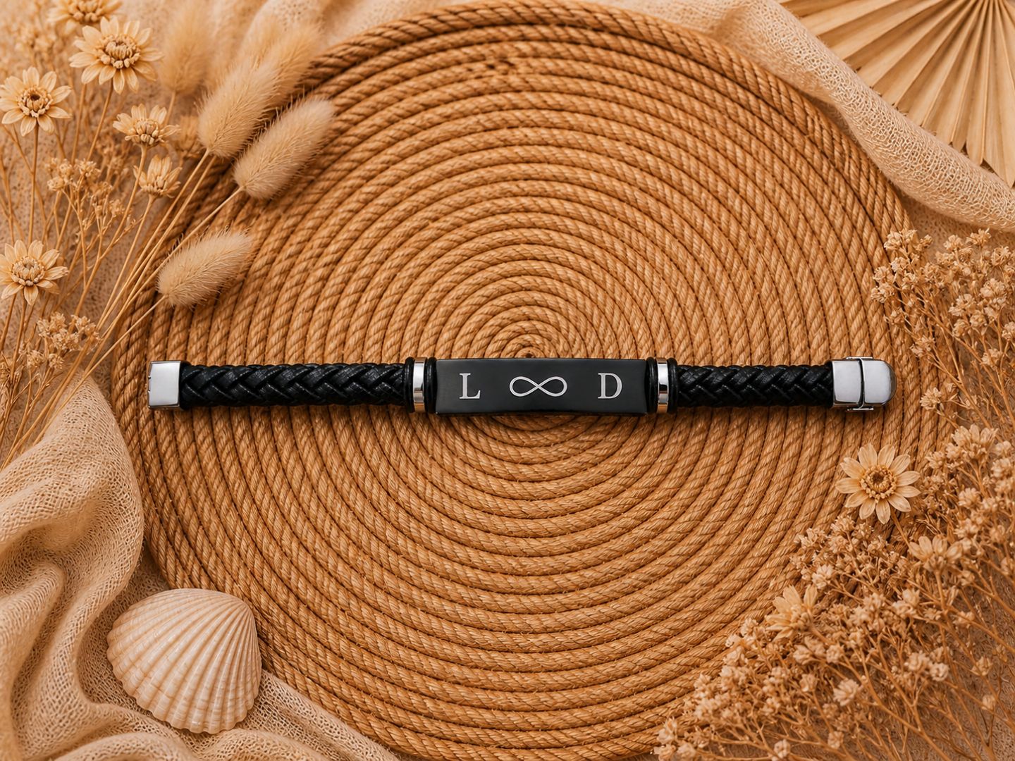 Bracelet Homme personnalisable – Acier avec Bracelet  Cuir tressé noir