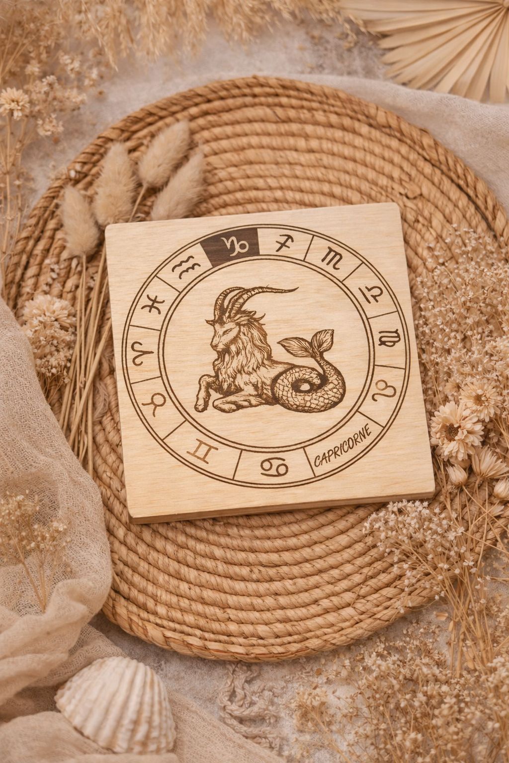 Sous-verres en bois – Signes astrologiques gravés ♋♌♍