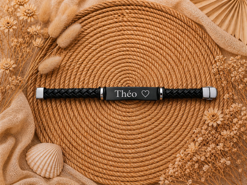 Bracelet Homme personnalisable – Acier avec Bracelet  Cuir tressé noir