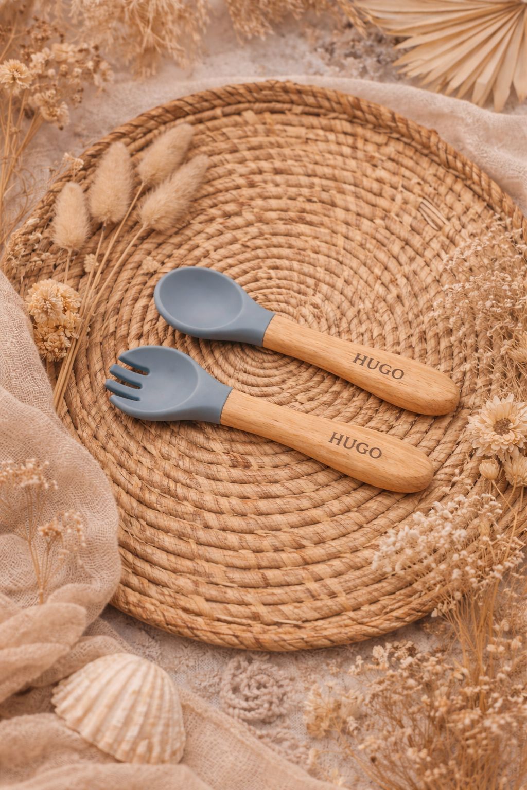 Couverts bébé personnalisables – Bois & silicone