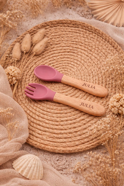 Couverts bébé personnalisables – Bois & silicone